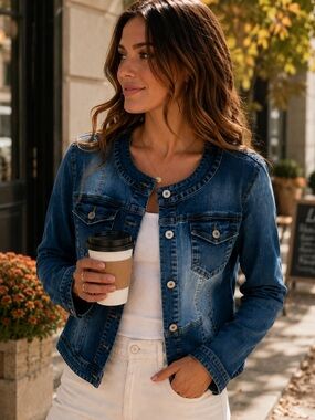 Collarless Stretch Mixed Denim Jacket Zip Cuff Utility Moto Layer Jacket Large